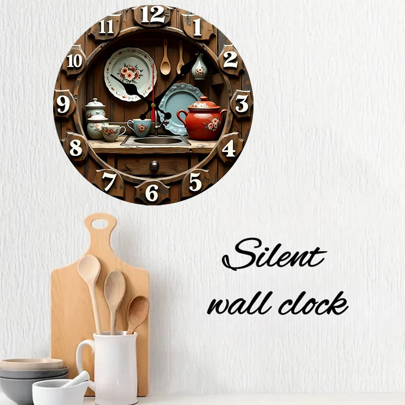 2D Flat Vintage Kitchen Design Wooden Round Silent Hanging Wall Clock,For Living Room,Office,Study Room,Bedroom,Home Decoration