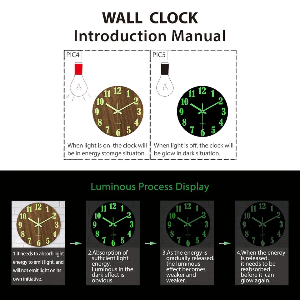 12 Inch Luminous Wall Clock Wood Silent light in dark night Nordic Fashion Wall Clock Non Ticking Clock With Night Light