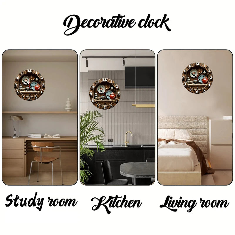 2D Flat Vintage Kitchen Design Wooden Round Silent Hanging Wall Clock,For Living Room,Office,Study Room,Bedroom,Home Decoration