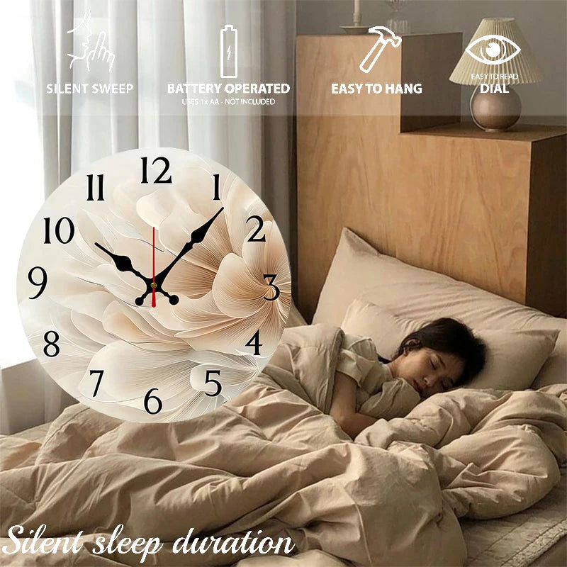 Simple& Elegant Flower Wooden Round Silent Hanging Wall Clock,Suitable For Living Room,Office,Study Room,Bedroom,Home Decoration