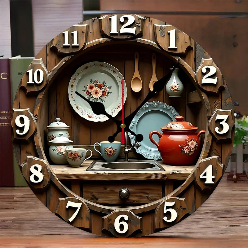 2D Flat Vintage Kitchen Design Wooden Round Silent Hanging Wall Clock,For Living Room,Office,Study Room,Bedroom,Home Decoration