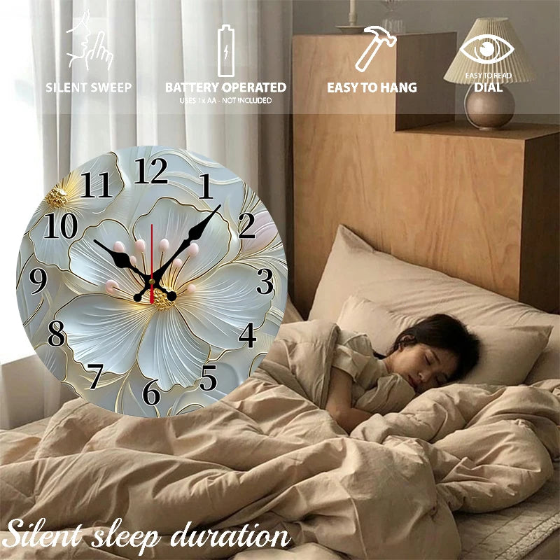Golden & Pink Floral Wooden Round Silent Hanging Wall Clock, Suitable For Living Room,Office,Study Room, Bedroom,Home Decoration