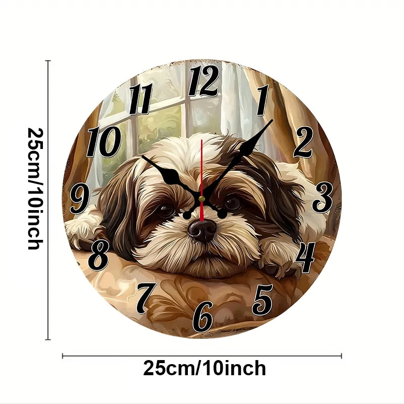 A Lying Puppy Wooden Round Silent Hanging Wall Clock, Suitable For Living Room, Office, Study Room, Bedroom, Home Decoration