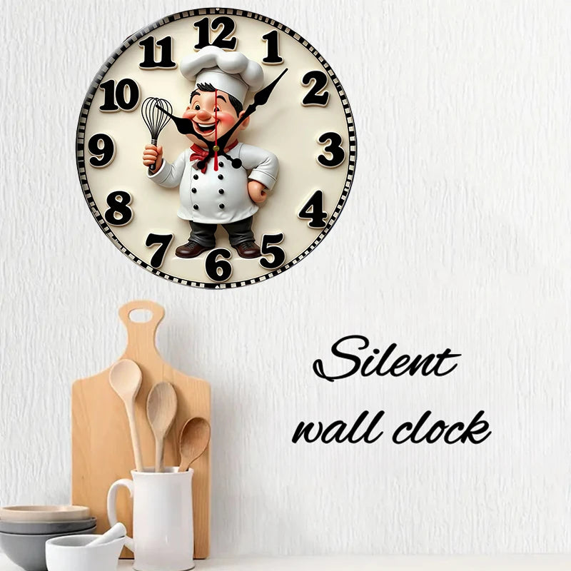 Happy Chef Kitchen Wooden Round Silent Hanging Wall Clock, Suitable For Living Room, Office, Study Room,Bedroom, Home Decoration
