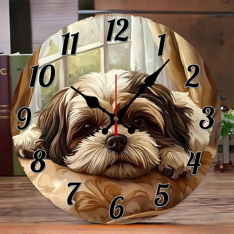A Lying Puppy Wooden Round Silent Hanging Wall Clock, Suitable For Living Room, Office, Study Room, Bedroom, Home Decoration