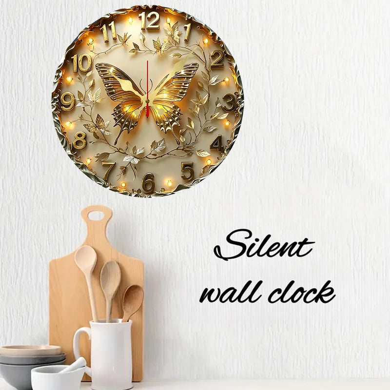 Golden Butterfly Wooden Round Silent Hanging Wall Clock, Suitable For Living Room, Office, Study Room, Bedroom, Home Decoration