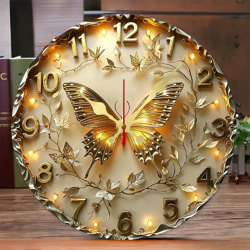 Golden Butterfly Wooden Round Silent Hanging Wall Clock, Suitable For Living Room, Office, Study Room, Bedroom, Home Decoration