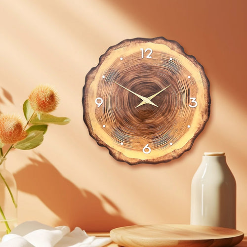 1pc wooden ring veneer wall clock, flat wood cross section texture pattern solid wood pointer design wall clock, silent clock