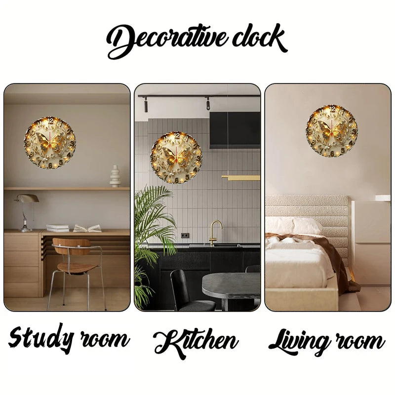 Golden Butterfly Wooden Round Silent Hanging Wall Clock, Suitable For Living Room, Office, Study Room, Bedroom, Home Decoration