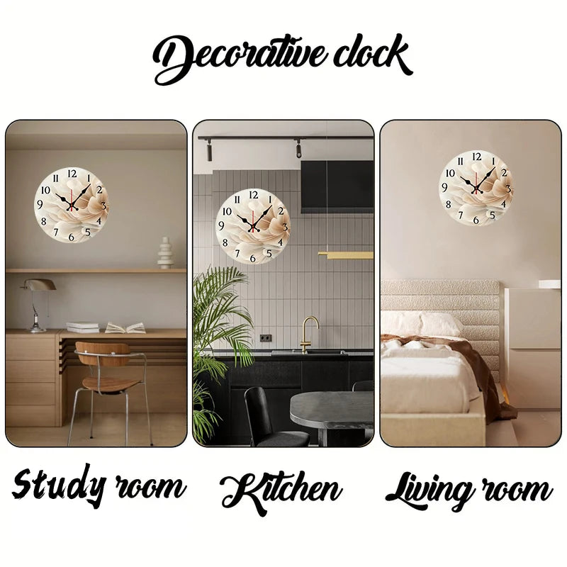 Simple& Elegant Flower Wooden Round Silent Hanging Wall Clock,Suitable For Living Room,Office,Study Room,Bedroom,Home Decoration