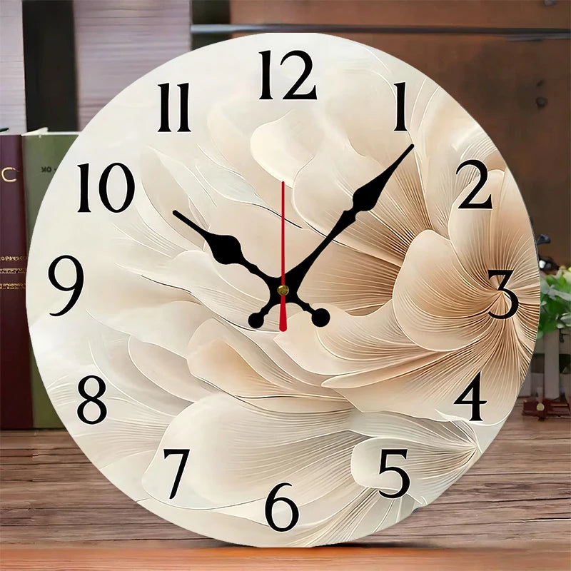 Simple& Elegant Flower Wooden Round Silent Hanging Wall Clock,Suitable For Living Room,Office,Study Room,Bedroom,Home Decoration