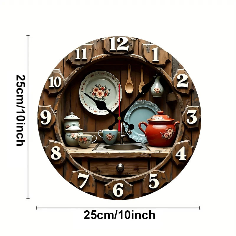 2D Flat Vintage Kitchen Design Wooden Round Silent Hanging Wall Clock,For Living Room,Office,Study Room,Bedroom,Home Decoration