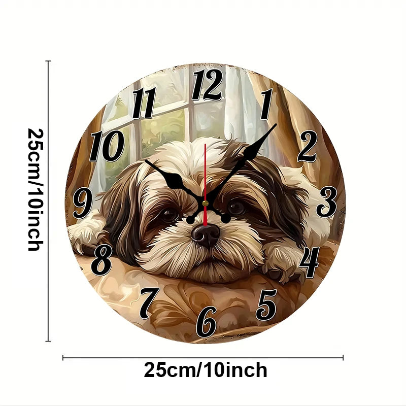 A Lying Puppy Wooden Round Silent Hanging Wall Clock, Suitable For Living Room, Office, Study Room, Bedroom, Home Decoration