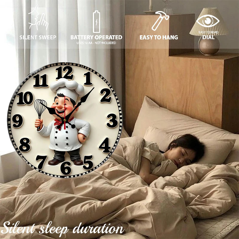 Happy Chef Kitchen Wooden Round Silent Hanging Wall Clock, Suitable For Living Room, Office, Study Room,Bedroom, Home Decoration