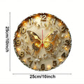 Golden Butterfly Wooden Round Silent Hanging Wall Clock, Suitable For Living Room, Office, Study Room, Bedroom, Home Decoration