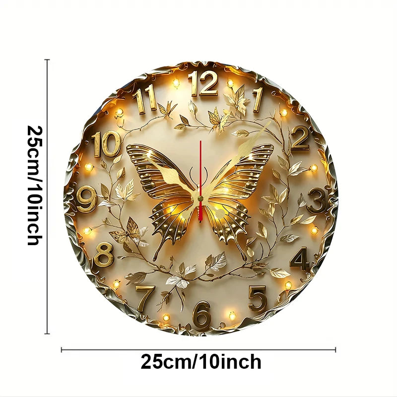 Golden Butterfly Wooden Round Silent Hanging Wall Clock, Suitable For Living Room, Office, Study Room, Bedroom, Home Decoration
