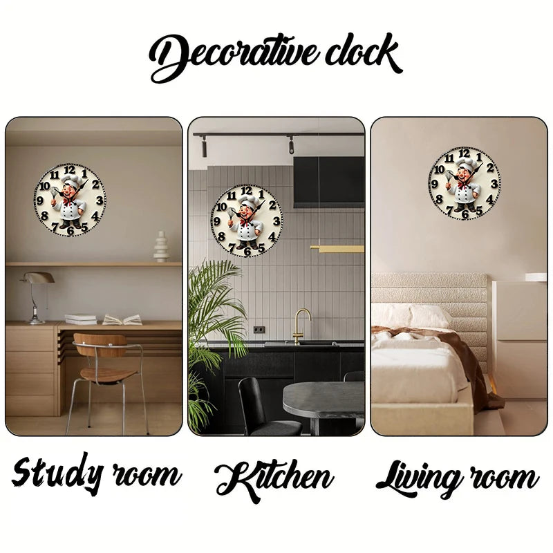 Happy Chef Kitchen Wooden Round Silent Hanging Wall Clock, Suitable For Living Room, Office, Study Room,Bedroom, Home Decoration