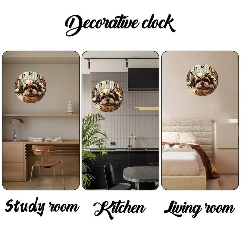 A Lying Puppy Wooden Round Silent Hanging Wall Clock, Suitable For Living Room, Office, Study Room, Bedroom, Home Decoration