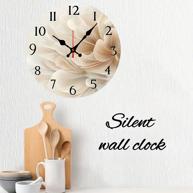 Simple& Elegant Flower Wooden Round Silent Hanging Wall Clock,Suitable For Living Room,Office,Study Room,Bedroom,Home Decoration