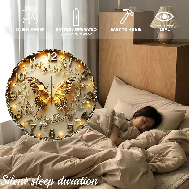 Golden Butterfly Wooden Round Silent Hanging Wall Clock, Suitable For Living Room, Office, Study Room, Bedroom, Home Decoration