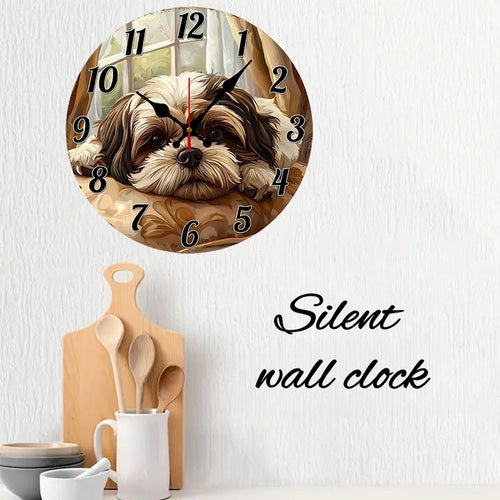 A Lying Puppy Wooden Round Silent Hanging Wall Clock, Suitable For Living Room, Office, Study Room, Bedroom, Home Decoration