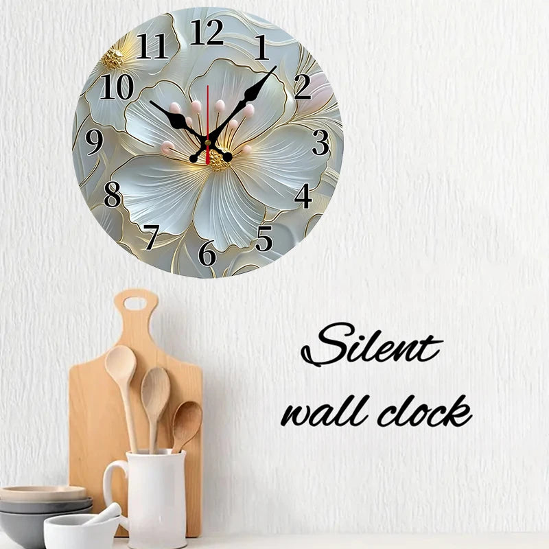 Golden & Pink Floral Wooden Round Silent Hanging Wall Clock, Suitable For Living Room,Office,Study Room, Bedroom,Home Decoration