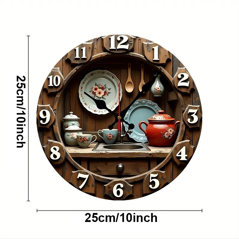 2D Flat Vintage Kitchen Design Wooden Round Silent Hanging Wall Clock,For Living Room,Office,Study Room,Bedroom,Home Decoration