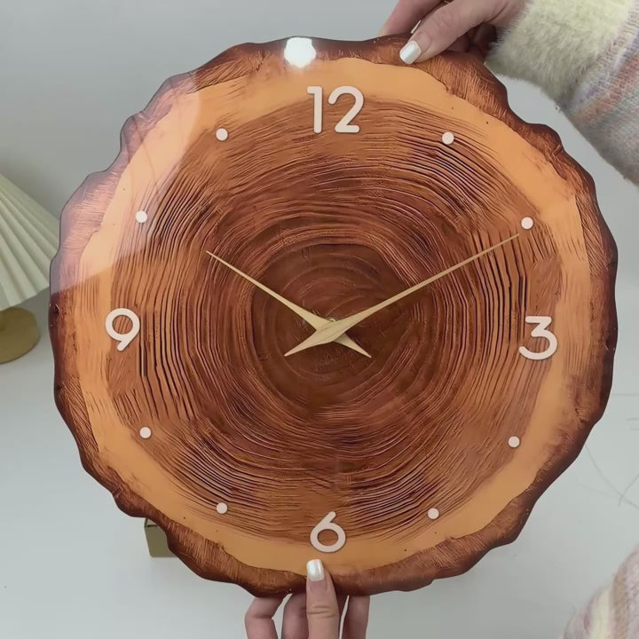1pc wooden ring veneer wall clock, flat wood cross section texture pattern solid wood pointer design wall clock, silent clock